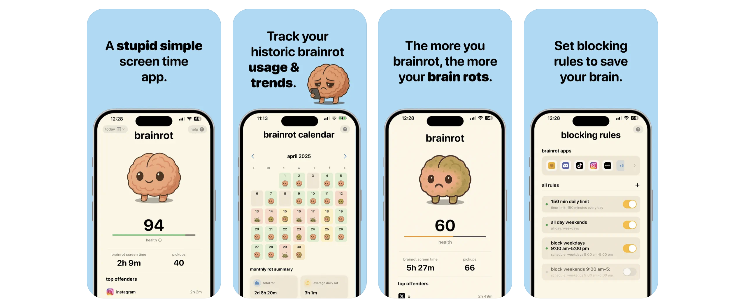 Mobile app features showing screen time tracking, calendar view, health scores, and blocking rules